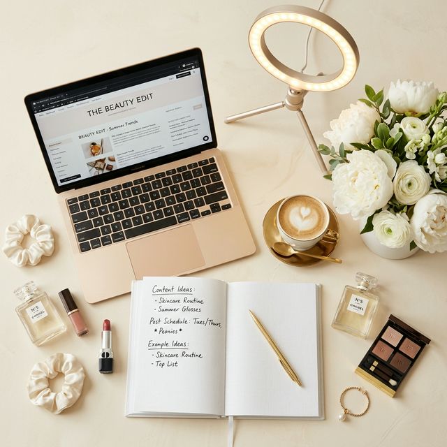 Elegant beauty blogger workspace with laptop and flowers