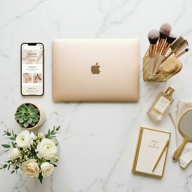 Elegant beauty desk with laptop and flowers