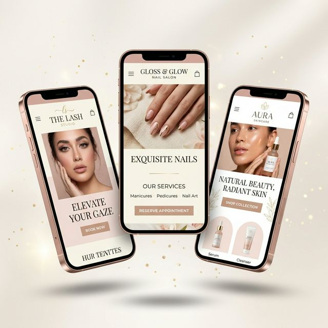 Three phone mockups showing a lash studio website, a nail salon website, and a skincare brand website — all beautifully designed